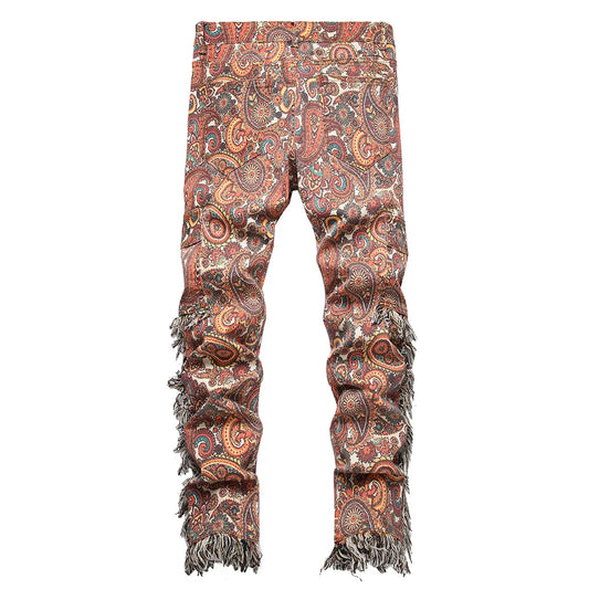 Men Bandana Print Pants Plus Size Multi Pockets Cargo Jeans Fashion Tassels Paisley Bandanna Trousers
