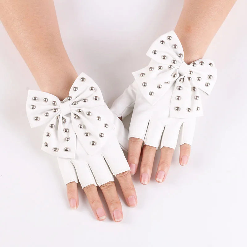 Fashion PU Leather Gloves Big Bow Rivet Sexy Disco Dancing Rock And Roll, Black Punk