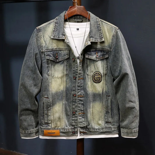 Nostalgic Denim Jacket Men's Retro Classic Wings Sequin Design Trendy Casual Menswear Motorcycle Jacket