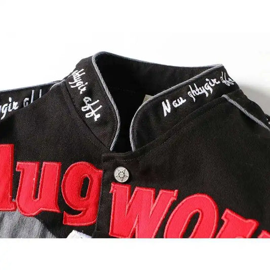 Men's High Street Embroidered Anime Motorcycle Jacket Pure Cotton, Zipper, Stand Collar