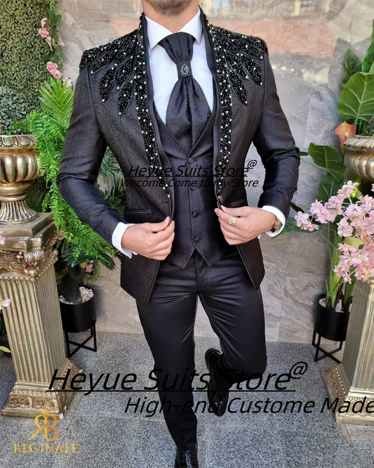 Luxuly Black Crystals Beading Men Suits High-end Groom Tuxedos 3 PCS Sets Handsome trajes para hombre