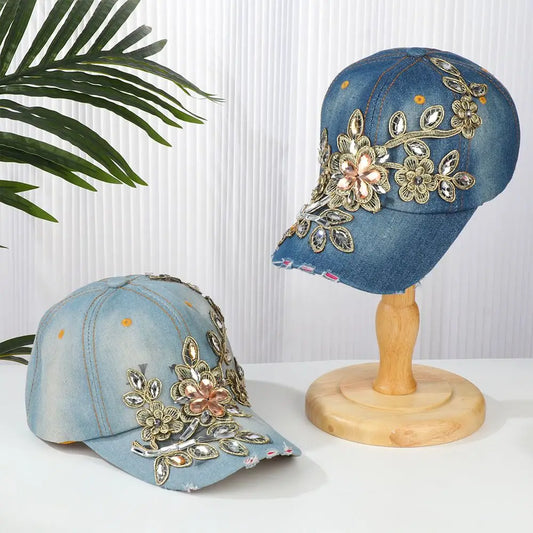 Diamond-studded Baseball Caps Cowboy Hat Cap Golden Flowers