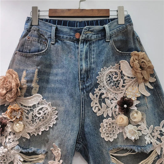Jenas Shorts Women Summer New Lace Flower Splicing, Brushed, Broken Hole Water Diamond Denim Shorts