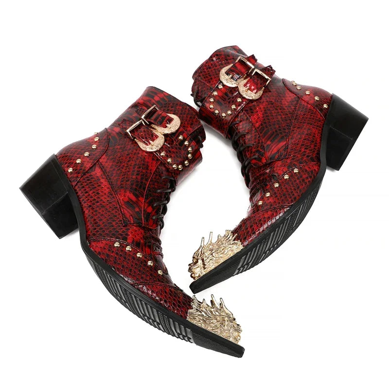 Red New Men Short Boots, Winter Increase Height, Cowboy Boots Lace Up Real Leather Boots Man Dress Shoes