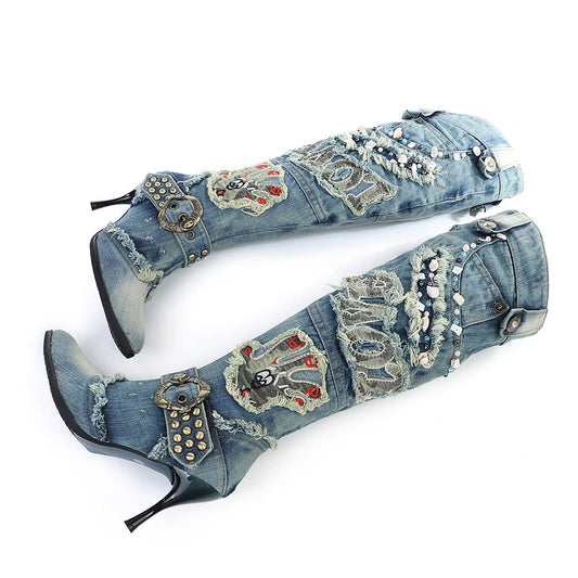Women's Denim boots qiu dong high-heeled, bead high boots over-the-knee