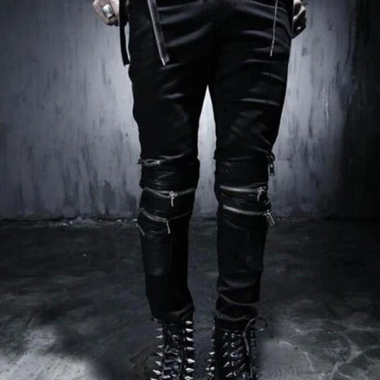 Stage Street Dance Leather PU Zipper Jeans Slim Fit Long Trousers Men's plus Size Cuffed Straight Leg