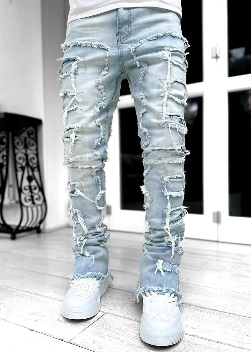 Men Ripped Stacked Jeans Distressed Slim Fit Skinny Straight Leg Jeans Fashion Hip Hop Denim Pants Casual Streetwear