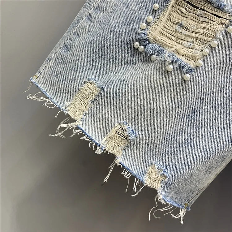 Denim Shorts Womens Heavy Industry Beauty Map Tassel Sequins Beads Broken Hole Five-point Denim Shorts Summer Y2K Straight Pants