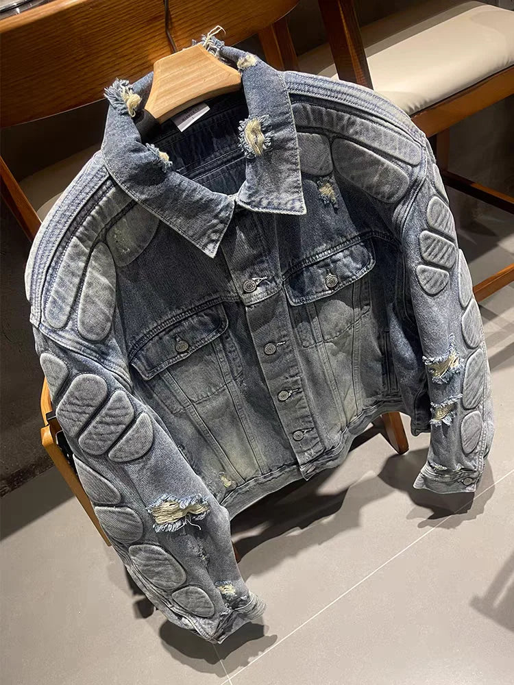 Kanye Co Branded Armor Hole Denim Jeans Jacket Men Women Nice Washed Heavy Fabric Unisex Jackets Coat