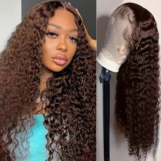Heyju 250% Chocolate Brown Deep Wave Human Hair Wig Transparent Lace Frontal Wigs For Women 13x6 Lace Front Water Curly Wigs