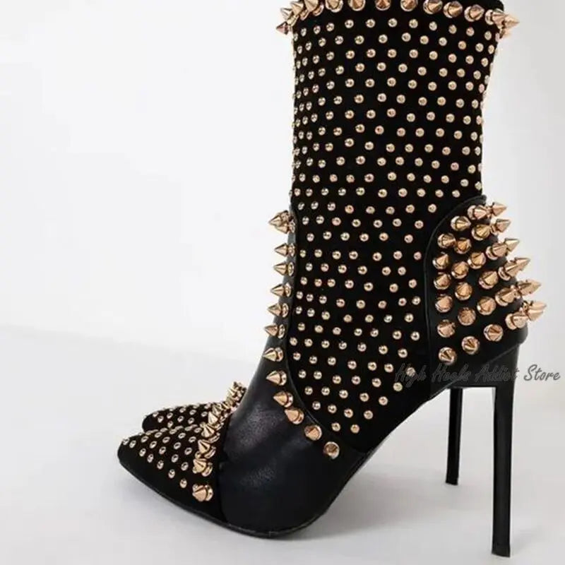 Black Studded Luxury Ankle Boots Women Sexy Full Stud High Heels Leather Sexy Booties Designer Dress Shoes