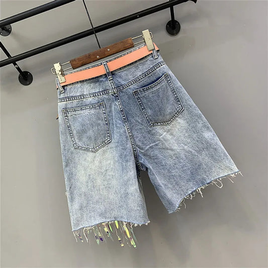 Denim Shorts Womens Heavy Industry Beauty Map Tassel Sequins Beads Broken Hole Five-point Denim Shorts Summer Y2K Straight Pants