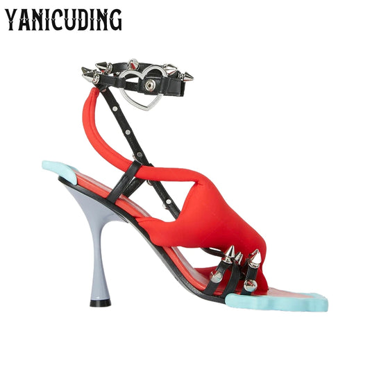 Stud Flower Sole Stiletto Sandals Novelty Open Toe Toe Post Buckle High Heels Ankle Straps All over Rivet Contrast Panel Sandals