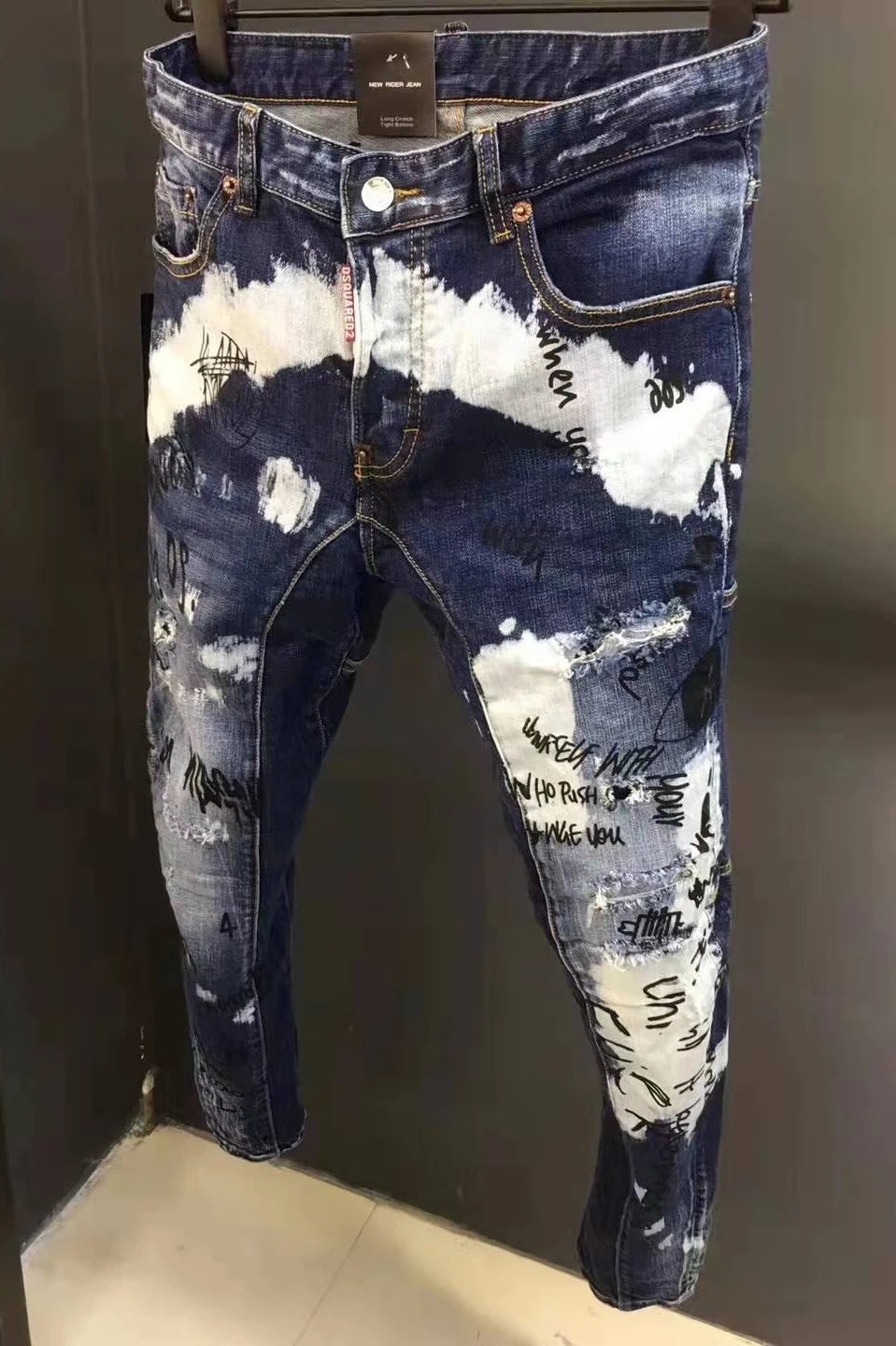 Spring Summer D2 Trendy Men's Distred Patch 3D Cutting fiti Print Slim Elastic Ankle Jeans Casual Busin Casual