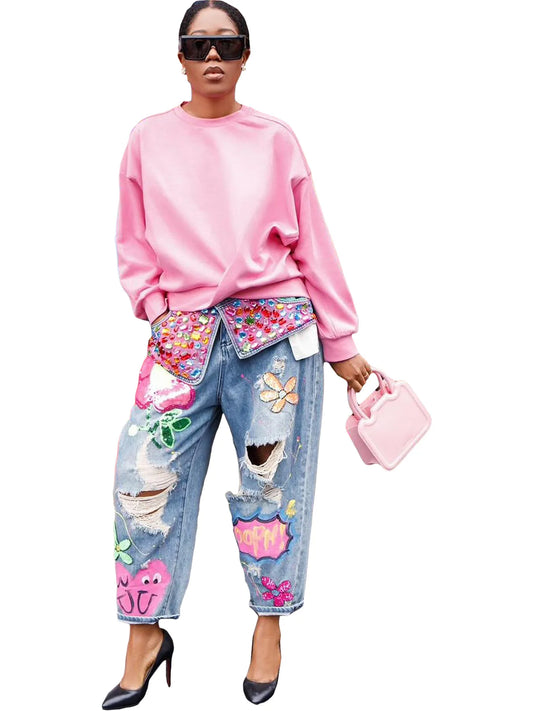 Hole Fashion Diamond Splicing Loose Jeans Women Denim Trousers Casual Female Streetwear