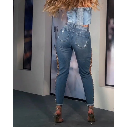 Sexy Skinny Slim Fit High Waist Jeans for Women Trendy Demin Pants Party Peach Button Elastic Sexy Long Skinny Pencil Pants