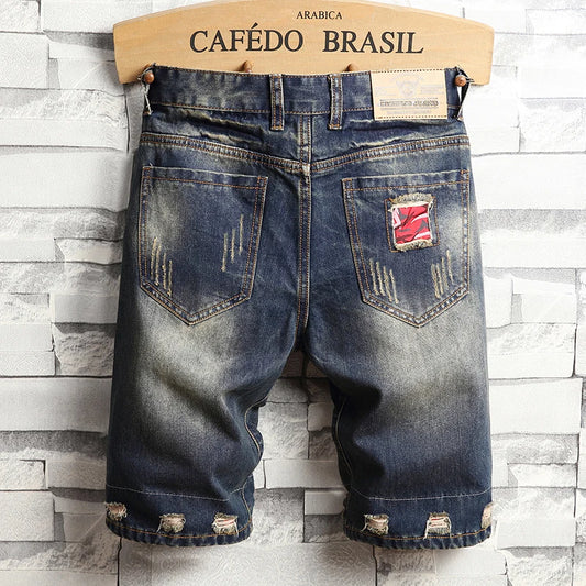 Ripped hole Mens Jeans Short Street Vintage Straight Slim Denim