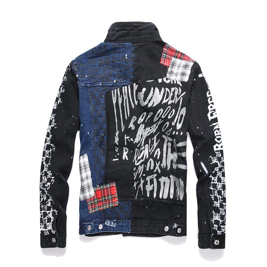 Denim Jacket Holes Ripped Plaid Patches Patchwork Jean Coat Painted Blue Black Spliced Outerwear