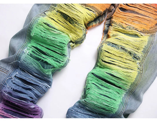 Men's colorful Ripped Graffiti Denim Pants Streetwear Loose Straight jeans