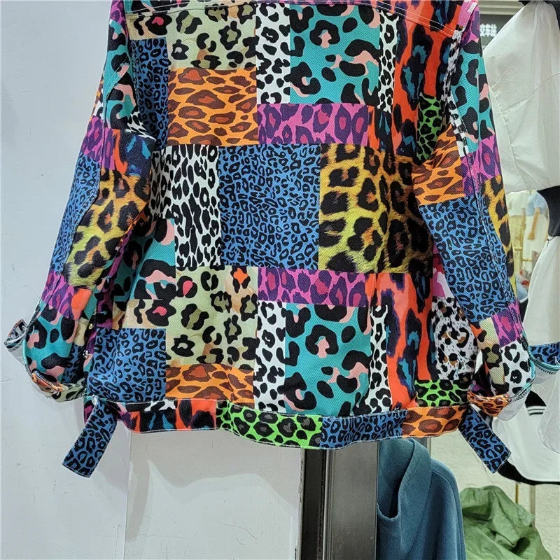 Streetwear Fashion Rivet Beading Leopard Print Patchwork Denim Jacket Women Cowboy Outerwear Loose Short Jeans Jackets Female