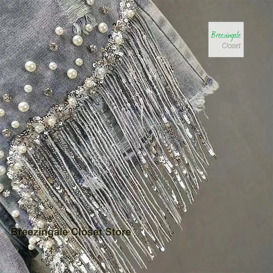 American heavy industry full rhinestone denim shorts women's summer new high waist fashion slim beaded tassels ripped jeans.