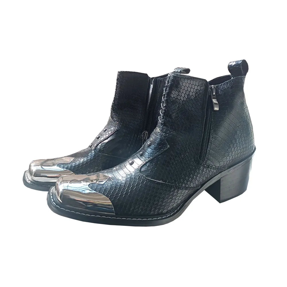 Spring Man Metal Fangtou Belt High-heeled Short boots Western Cowboy Boots Cowhide Serpentine Printing Stage show Party boots