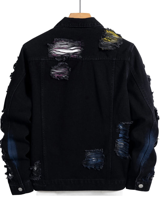 Men's black ripped denim jacket w/ Random paint splashing.