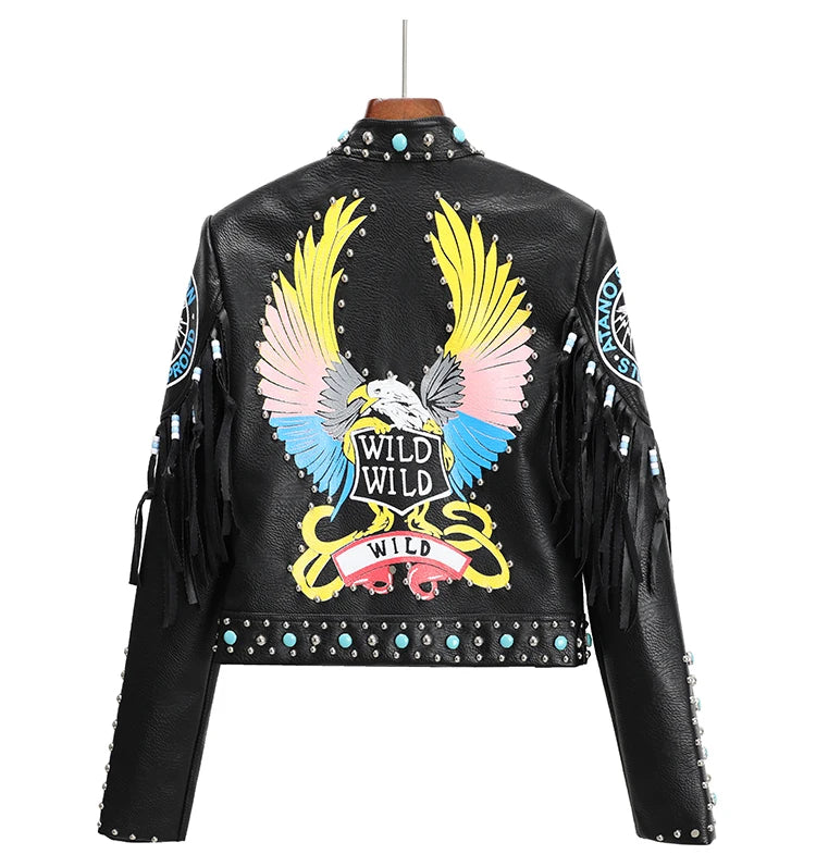 2026 new European style tassel rivet print trendy leather jacket motorcycle version street fashion