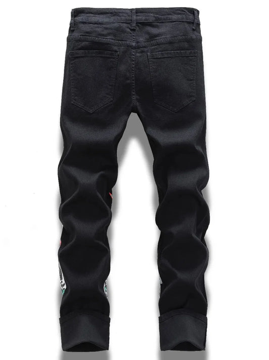 European and American new vintage pocket printed black jeans for men