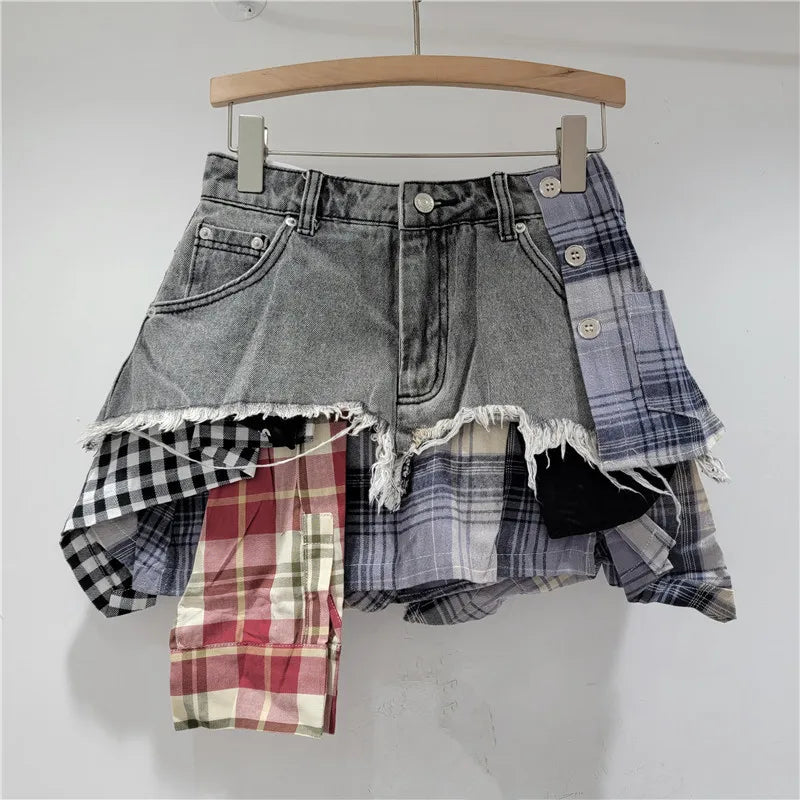 YEAE plaid patchwork irregular denim shorts women's fashion high-waisted A-word denim shorts skirt