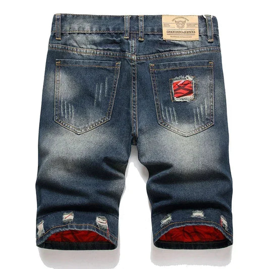 Men Denim Shorts Casual Fashion Street Wear Ripped Hole Patches Distressed Male Straight Jeans Shorts
