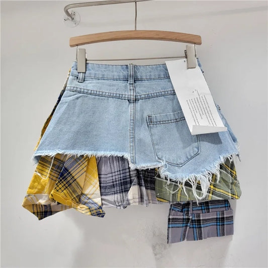 YEAE plaid patchwork irregular denim shorts women's fashion high-waisted A-word denim shorts skirt