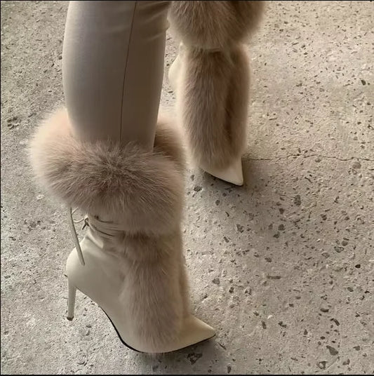 Pointed Toe Fur Mid Calf Boots Stiletto Heels Ankle Straps Fashion Warm Shoes In Winter Solid Plush Sexy Party Dress Shoes