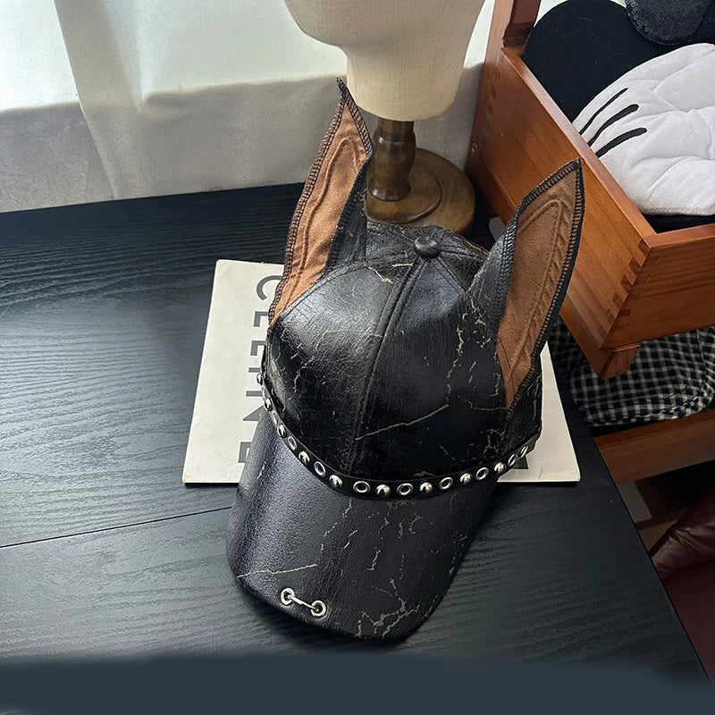 New Niche Leather Rivet Dog Ears Baseball Men and Women Personality Adjustable Trendy hat