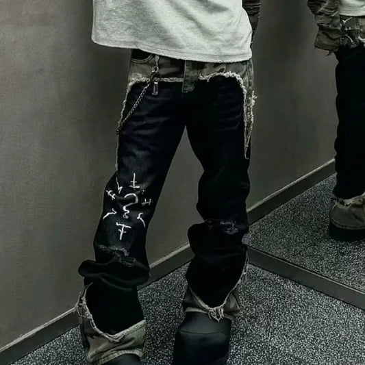 American Street Vintage Washed Camouflage Stitching Jeans Men And Women Y2K High Street Hip Hop Straight Baggy Slim Pants Tide