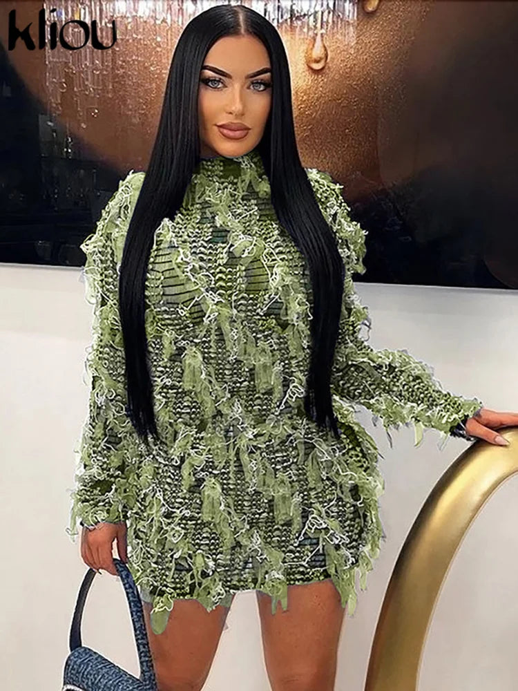 kliou Ruched Patchwork Mini Dress Women Striped Stacked Autumn Full Sleeve Crew Neck Holes Chic Bodycon Female Trend Streetwear