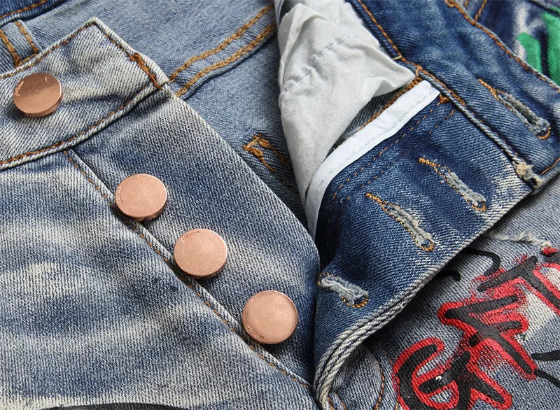 Mens Fashion Skull Painting Colored Street Jeans Letter Print Elastic Denim Skinny Night Club Pants Hip Hop Denim Trousers Blue