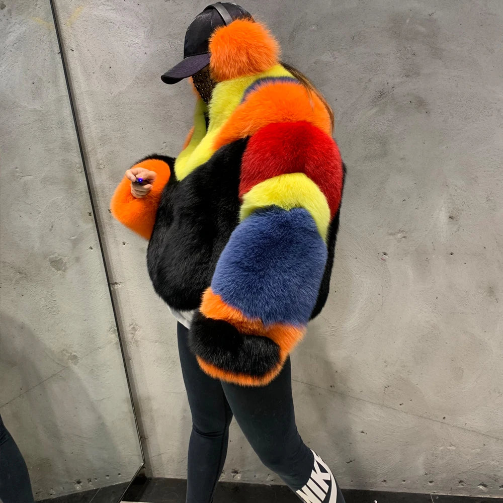 Natural Fox Fur Coat With Turn-down Collar Ladies Casual