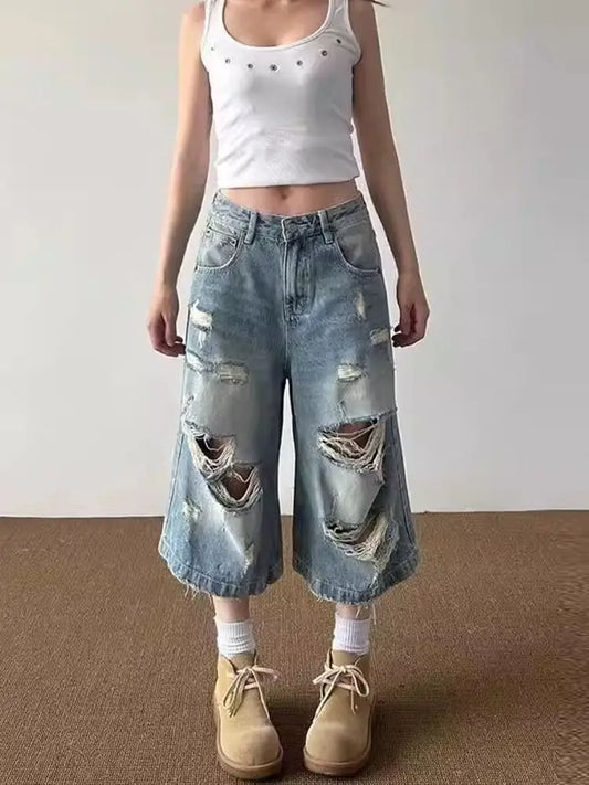 Vintage Ripped Baggy Short Jeans Women Grunge Distressed Oversized Jorts Y2k Retro Punk Streetwear Wide Leg Denim Shorts