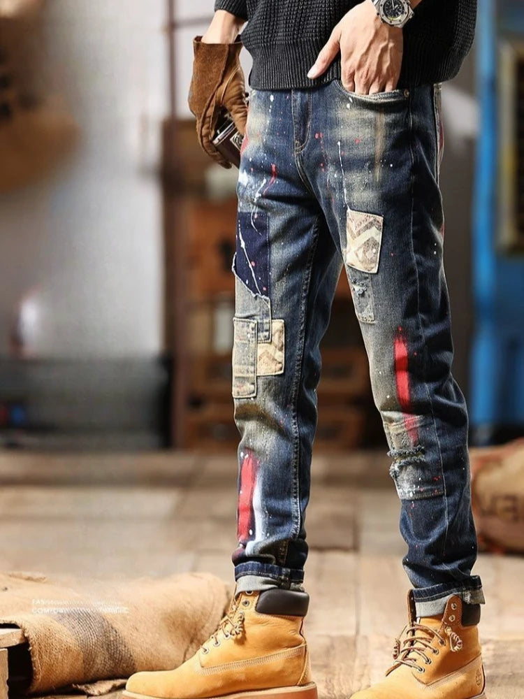 Tapered Jeans for Men Tight Pipe Washed Luxury Wide Leg Stacked Slim Fit Trousers Stylish Casual Kpop Xs Skinny Man Cowboy Pants