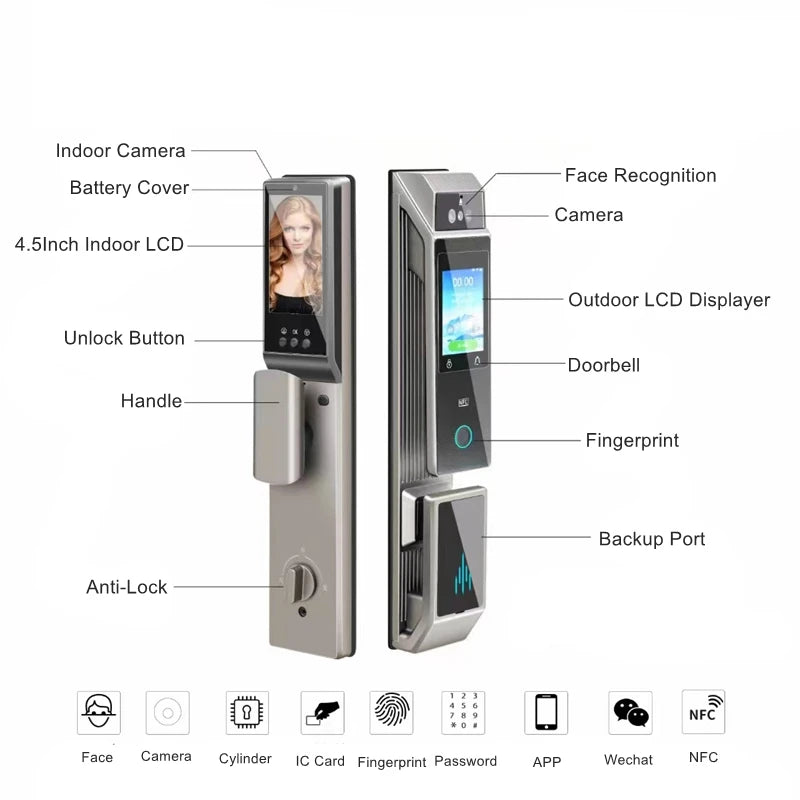 Face Recognition Smart Door Lock Fingerprint WIFI APP Remote Control Home Security Gate Electronic Lock