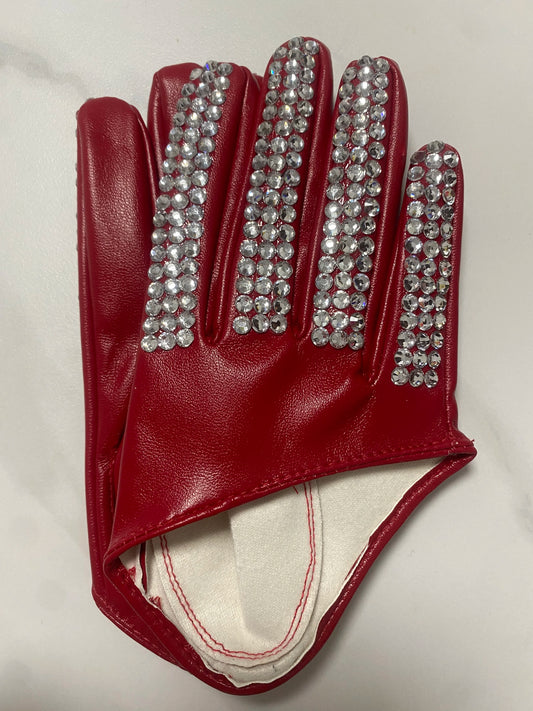 Women's fashion half palm Gloves lady's red white black PU leather gloves men's hip-hop rhinestone diy dancing gloves