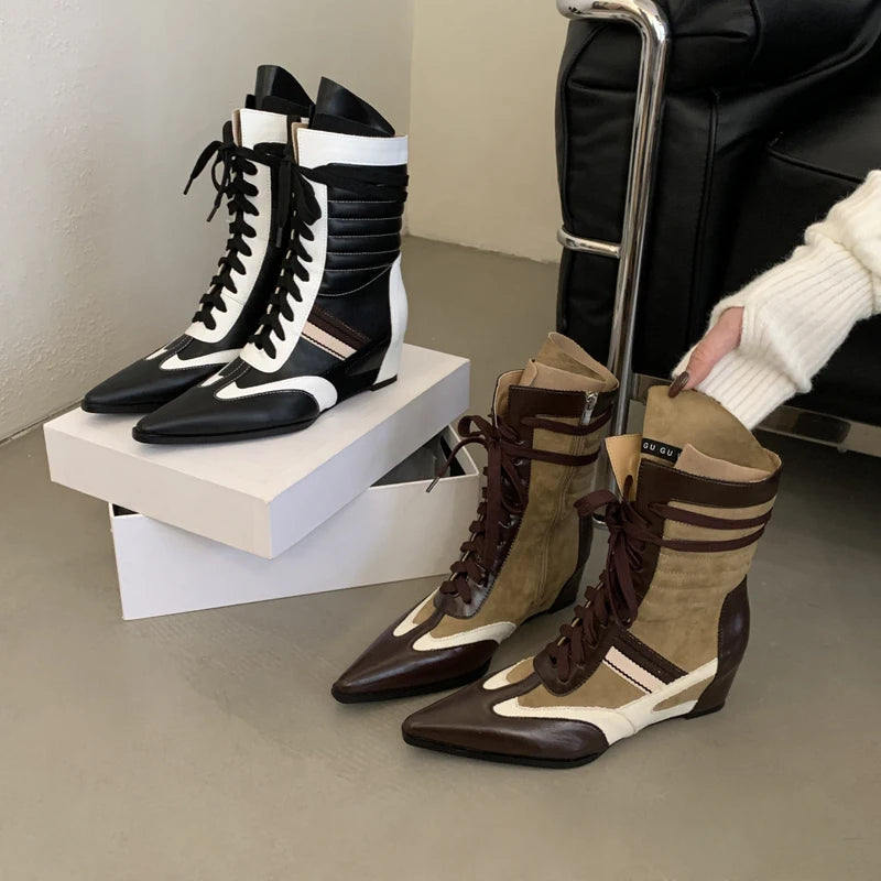 Black And White Boots Women Pointed Toe Lace Up Sports Style Wedges Shoe Fall Mid-calf Boots Comfort High Heels New Arrivals