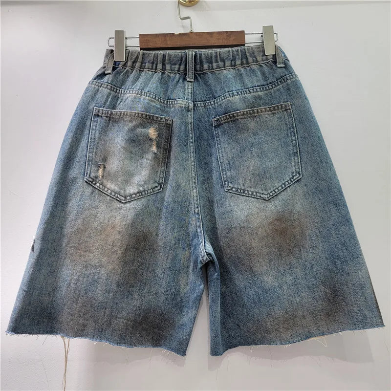 Jenas Shorts Women Summer New Lace Flower Splicing, Brushed, Broken Hole Water Diamond Denim Shorts