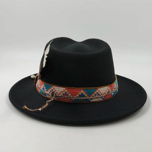 Feather Fedoras Hat for Men Women Black Felt Wide Brim Jazz Cap Plum Blossom 8 Playing Card