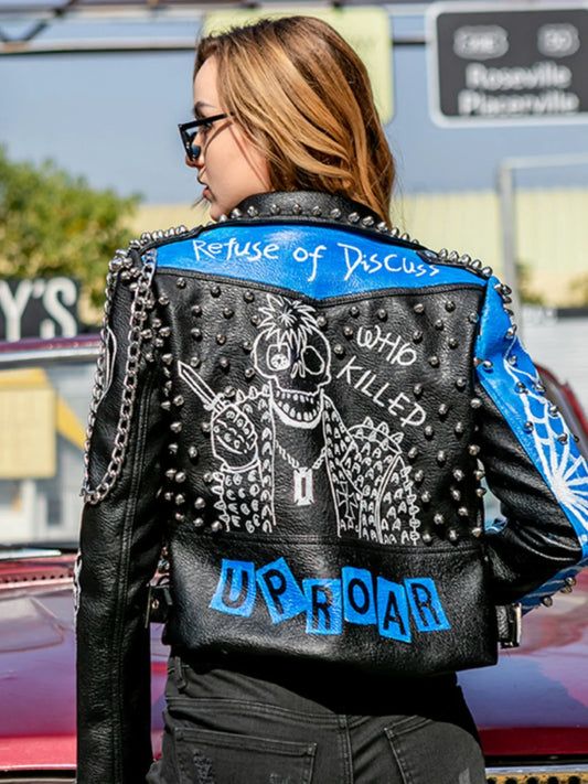 Motorcycle Leather Jacket For Women Letter Print Rivet Cool Fashion Graffiti Street Mbiker Bomber Jacket Zipper