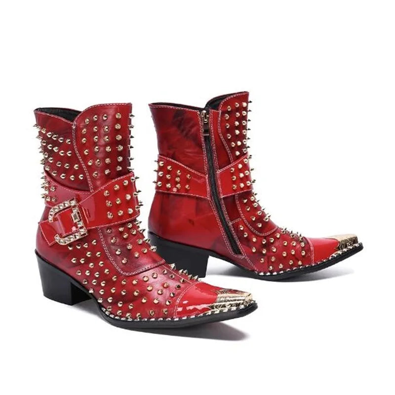 Red Black Leather Pathcwork Studded Ankle Boots For Men Gold Iron Toe Buckle Strap Block Heels Runway Cowboy Riding Chelsea Boot