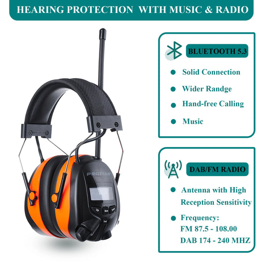PROTEAR DAB/FM Radio Ear Defenders with Bluetooth Rechargeable Electronic Headphones SNR 30db Wireless Noise Canceling Earmuffs