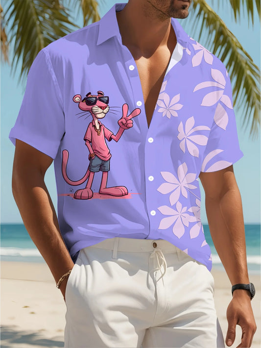 Men's Cartoon leopard Graphic Print Short Sleeve Lapel Shirt Tops Men's Casual Button-Down Shirts For Summer Daily Wear Resort