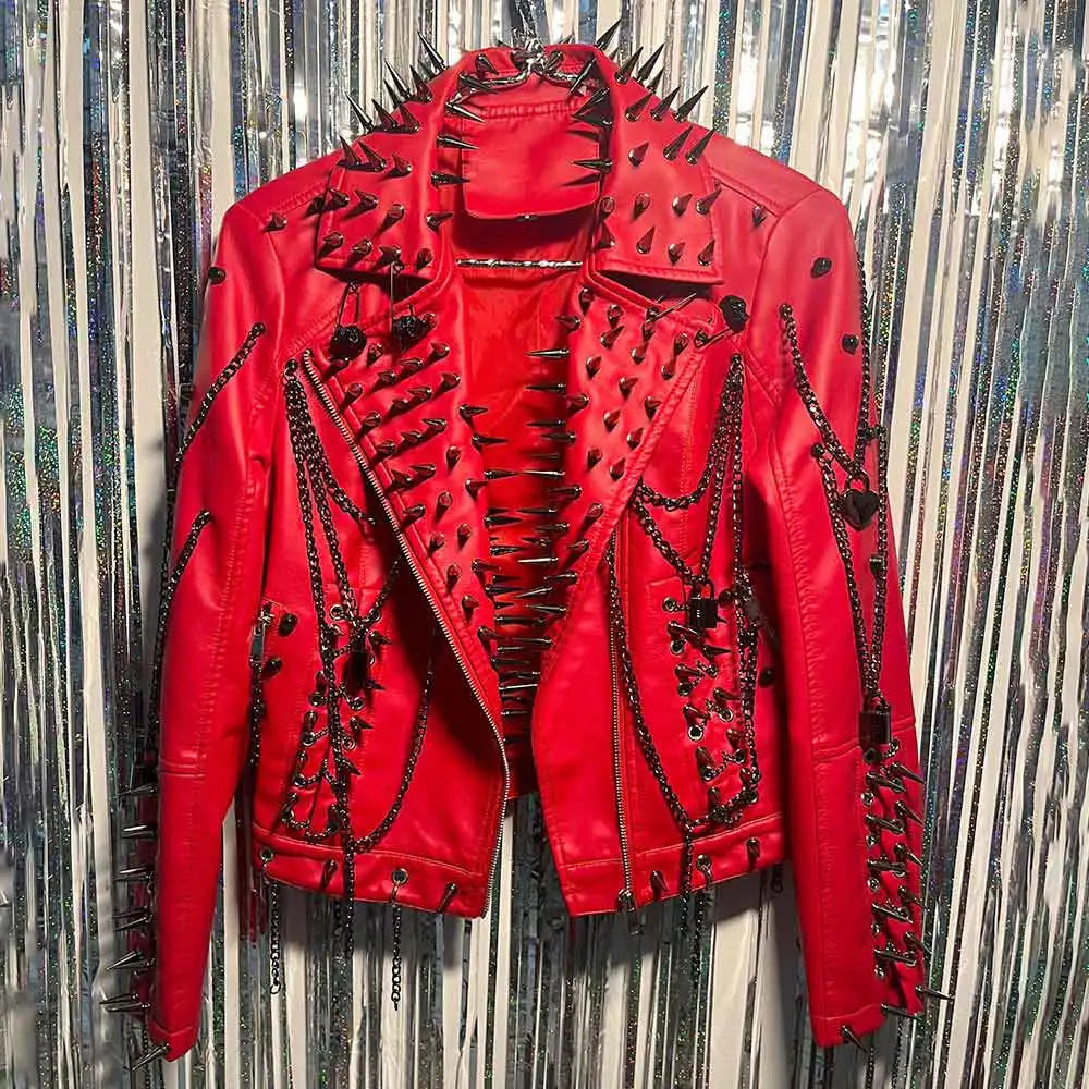 Punk Rock E-Girls Club Wear Harajuku Coat Goth Y2K Pu leather Jacket Zipper Spike Studded Rivet Grunge Chain Emo